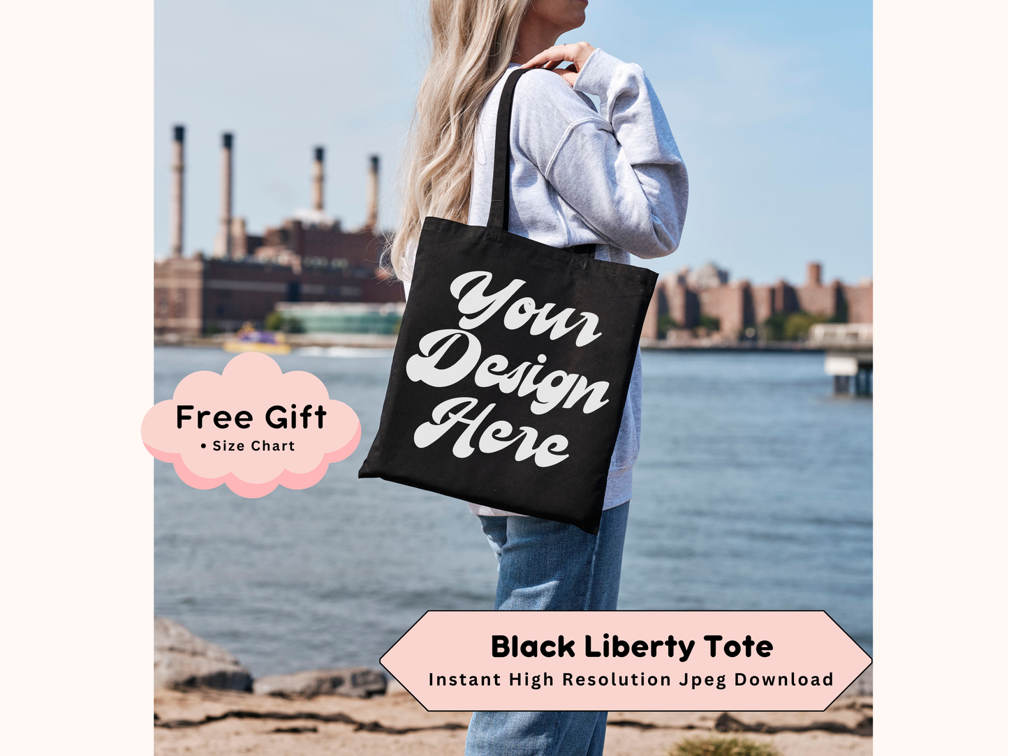 Liberty Tote Mockup - Editable Black Bag Template with Shopper and Purse Lifestyle Photo on Model