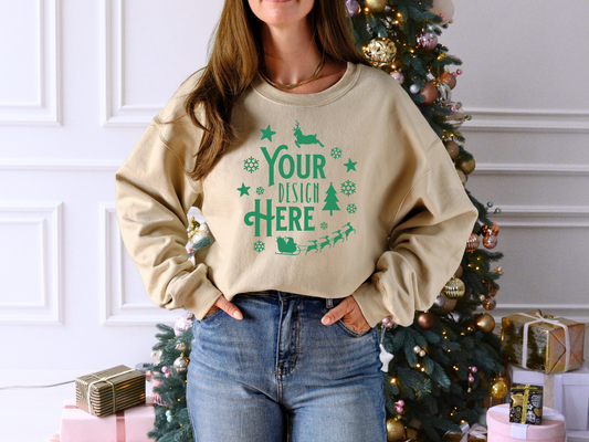 Festive Crewneck Sweatshirt Holiday Designs Mockup Sand Gildan 18000