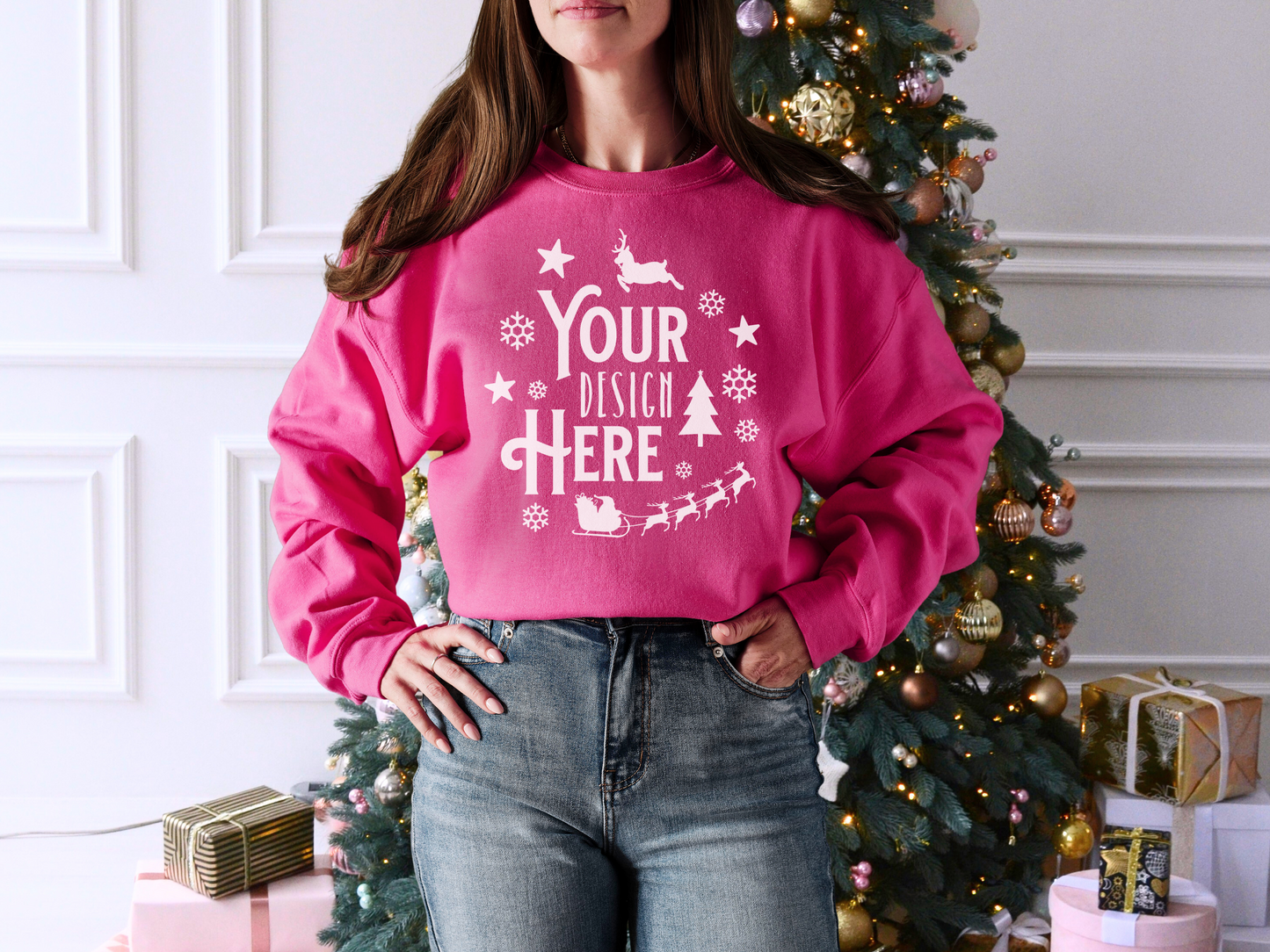 Christmas Crewneck Mockup - Heliconia Gildan 18000 with Holiday Tree Decor