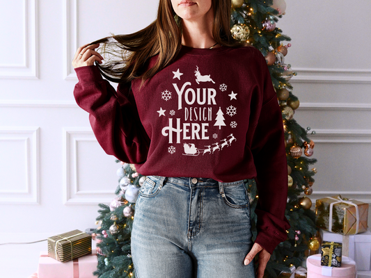 Festive Gildan 18000 Mockup - Maroon Crewneck with Christmas Tree Background for Holiday Designs