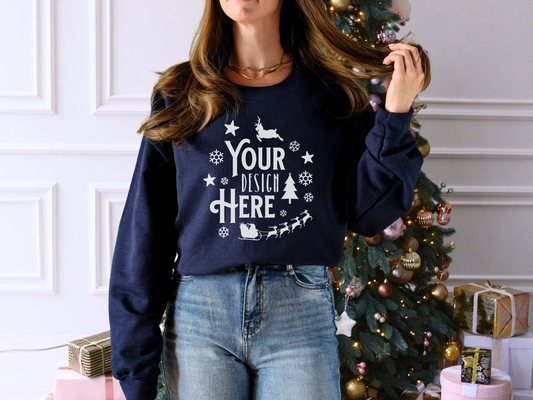 Navy Gildan 18000 Crewneck for Festive POD Designs - Christmas Tree Background Mockup