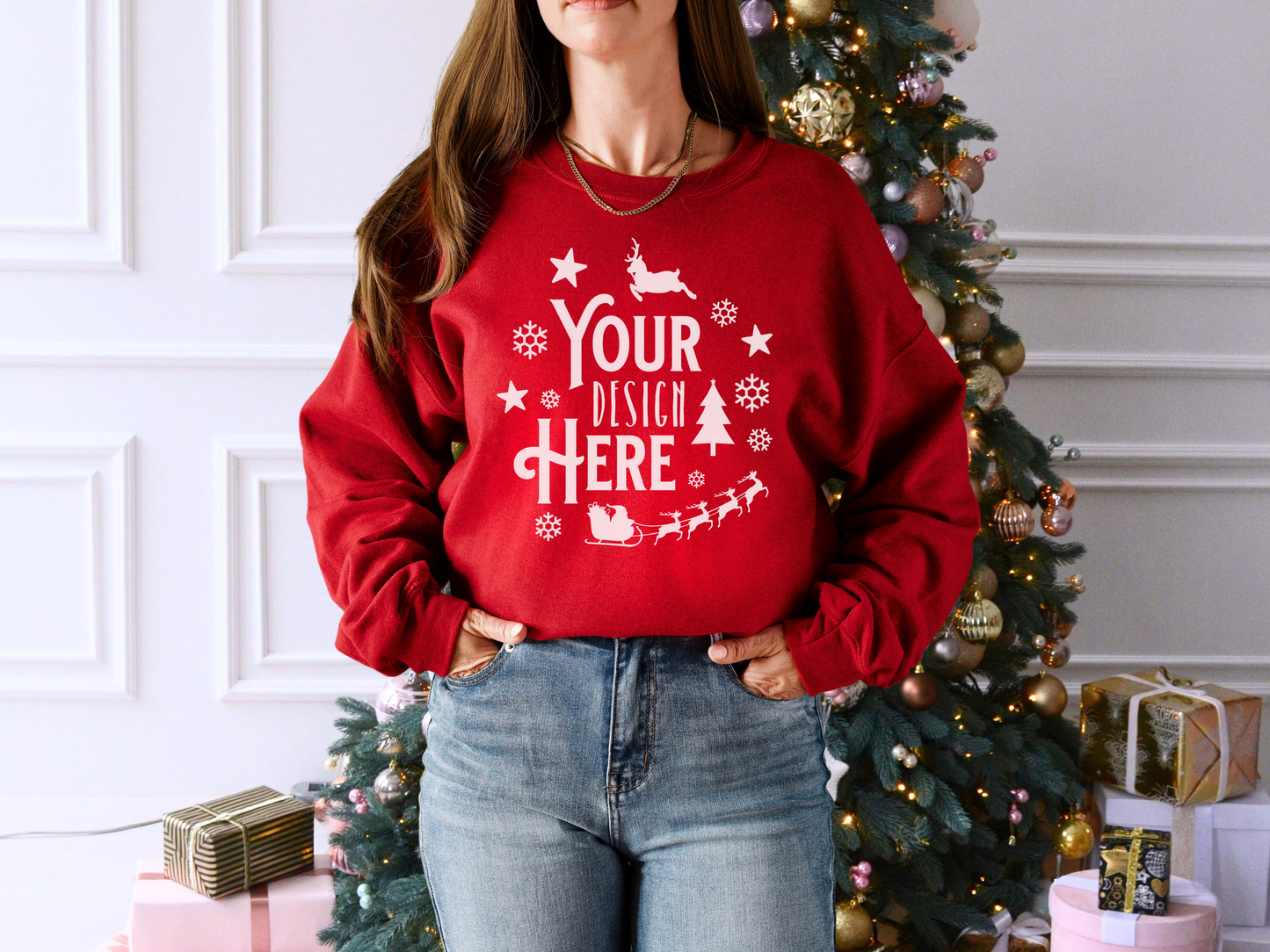 Gildan 18000 Holiday Mockup Antique Cherry Red- Classic Crewneck with Christmas Tree Background