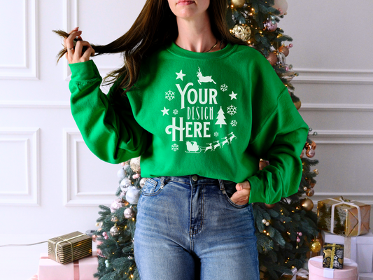 Holiday Irish Green Gildan 18000 Mockup - Cozy Christmas Tree and Crewneck Design Display