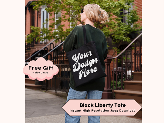 Black Liberty Tote Bag Mockup - Customizable Black Tote Design with Editable Shopper Bag and Purse Photo