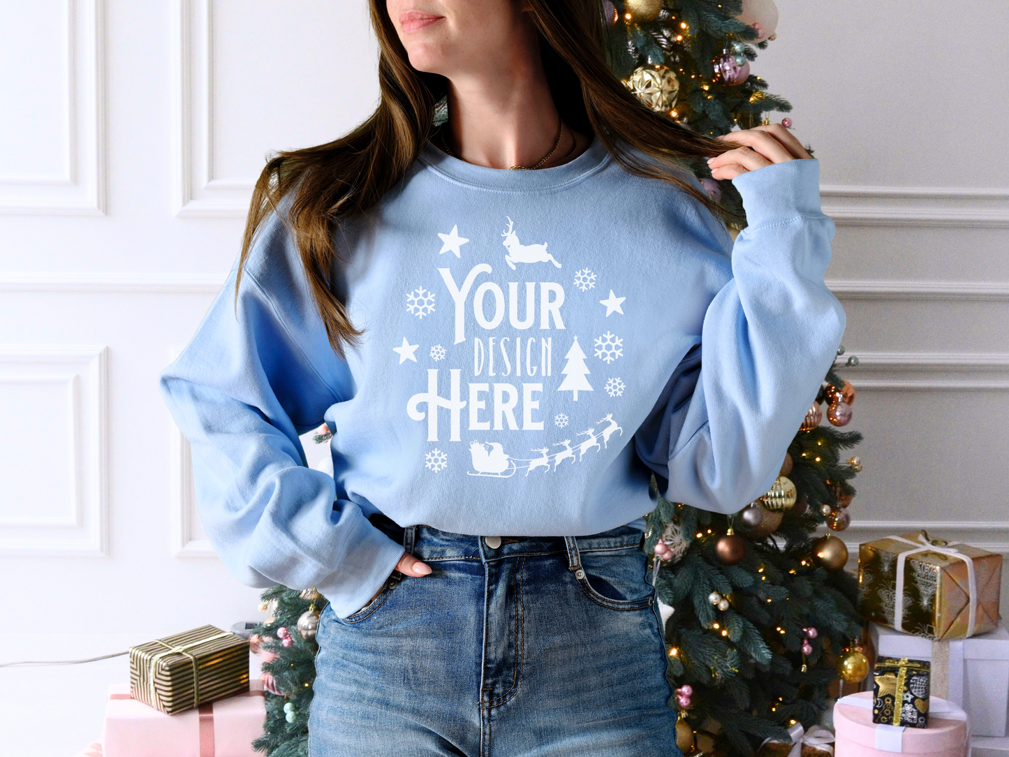 Light Blue Gildan 18000 Christmas Mockup - Cozy Crewneck with Holiday Tree Background