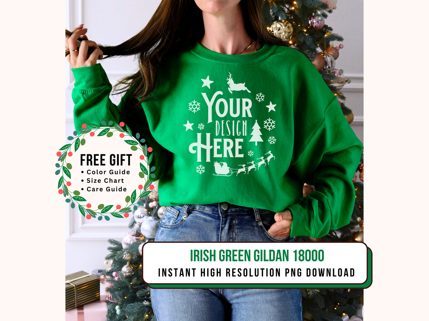 Holiday Irish Green Gildan 18000 Mockup - Cozy Christmas Tree and Crewneck Design Display