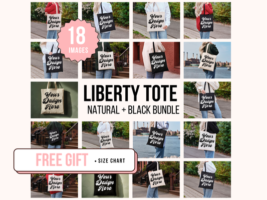 Tote Mockup Bundle - Black and Natural Liberty Canvas Tote Set with Editable, Realistic Shopper Bag Designs