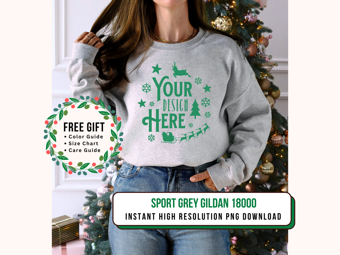 Sport Grey Gildan 18000 Christmas Mockup - Holiday Sweatshirt with Cozy Christmas Tree Background