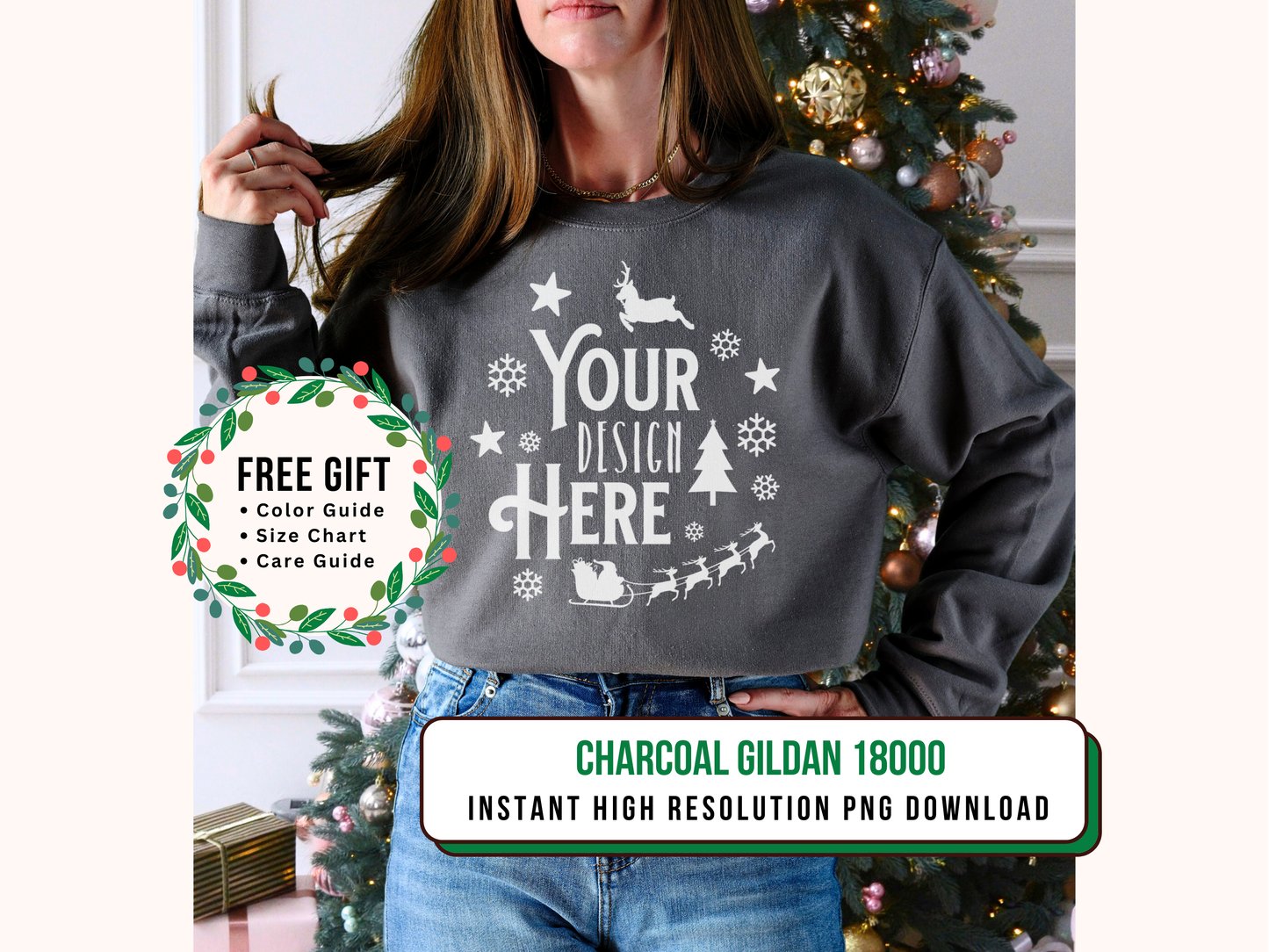 Holiday Season Charcoal Gildan 18000 Mockup - Crewneck with Christmas Tree Setting