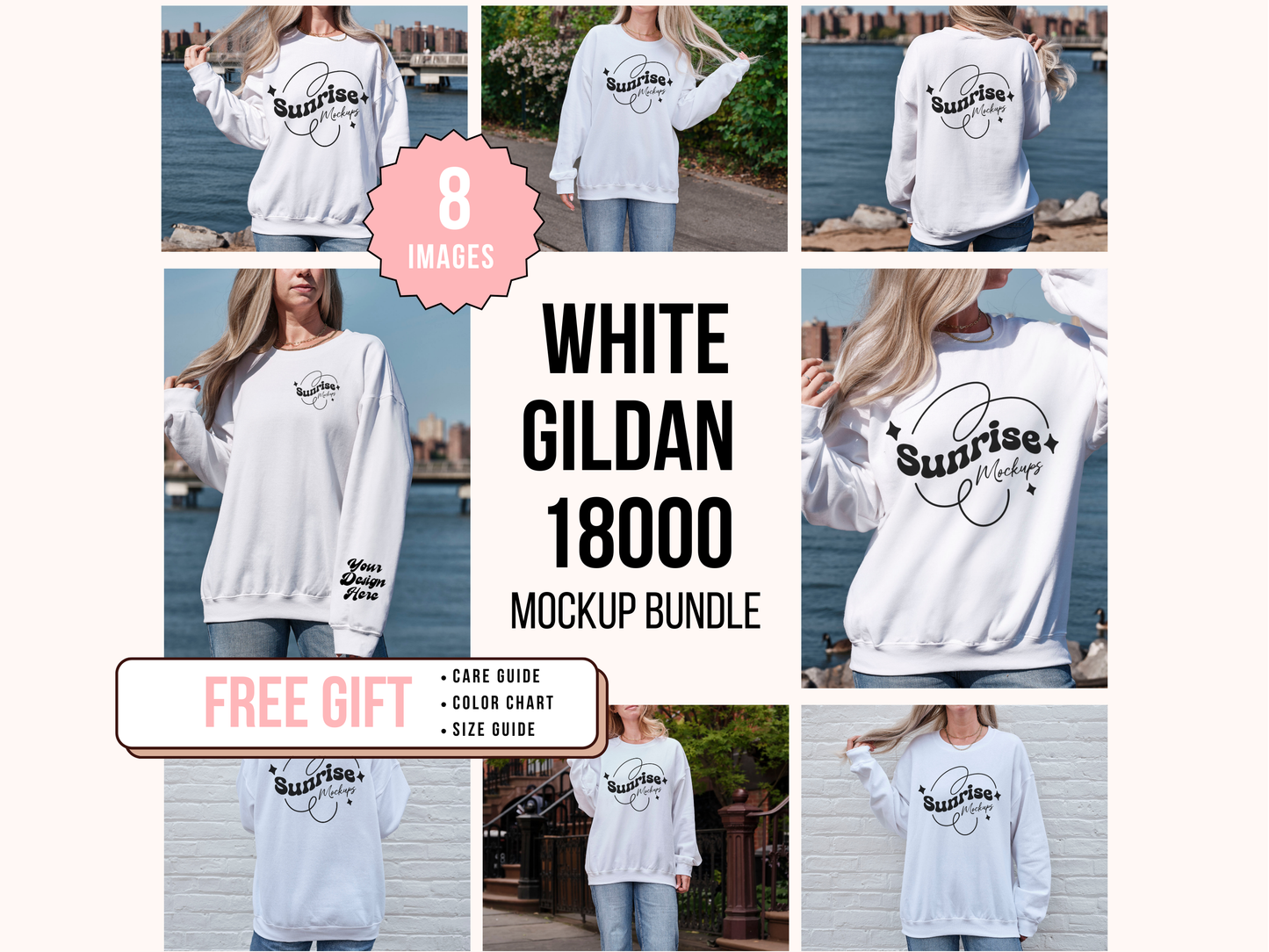 White Gildan 18000 Mockup Bundle - High-Quality Crewneck Sweatshirt Mockups for Print-on-Demand Designs