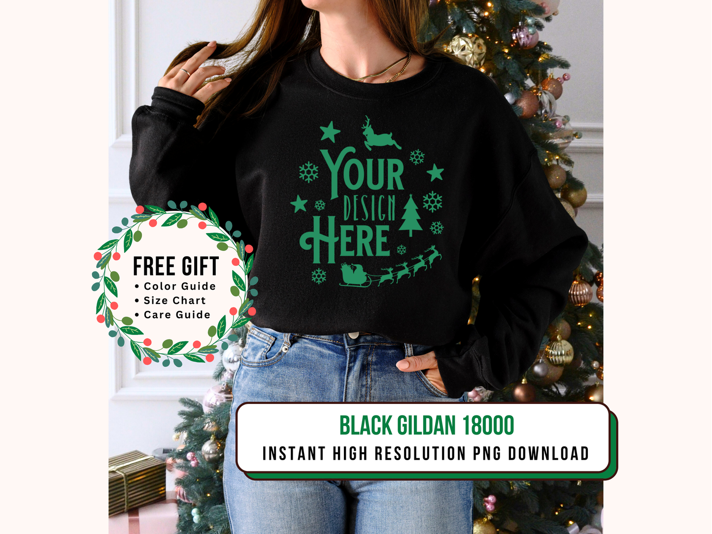 Holiday Gildan 18000 Mockup Black - Festive Crewneck Sweatshirt with Christmas Tree Decor