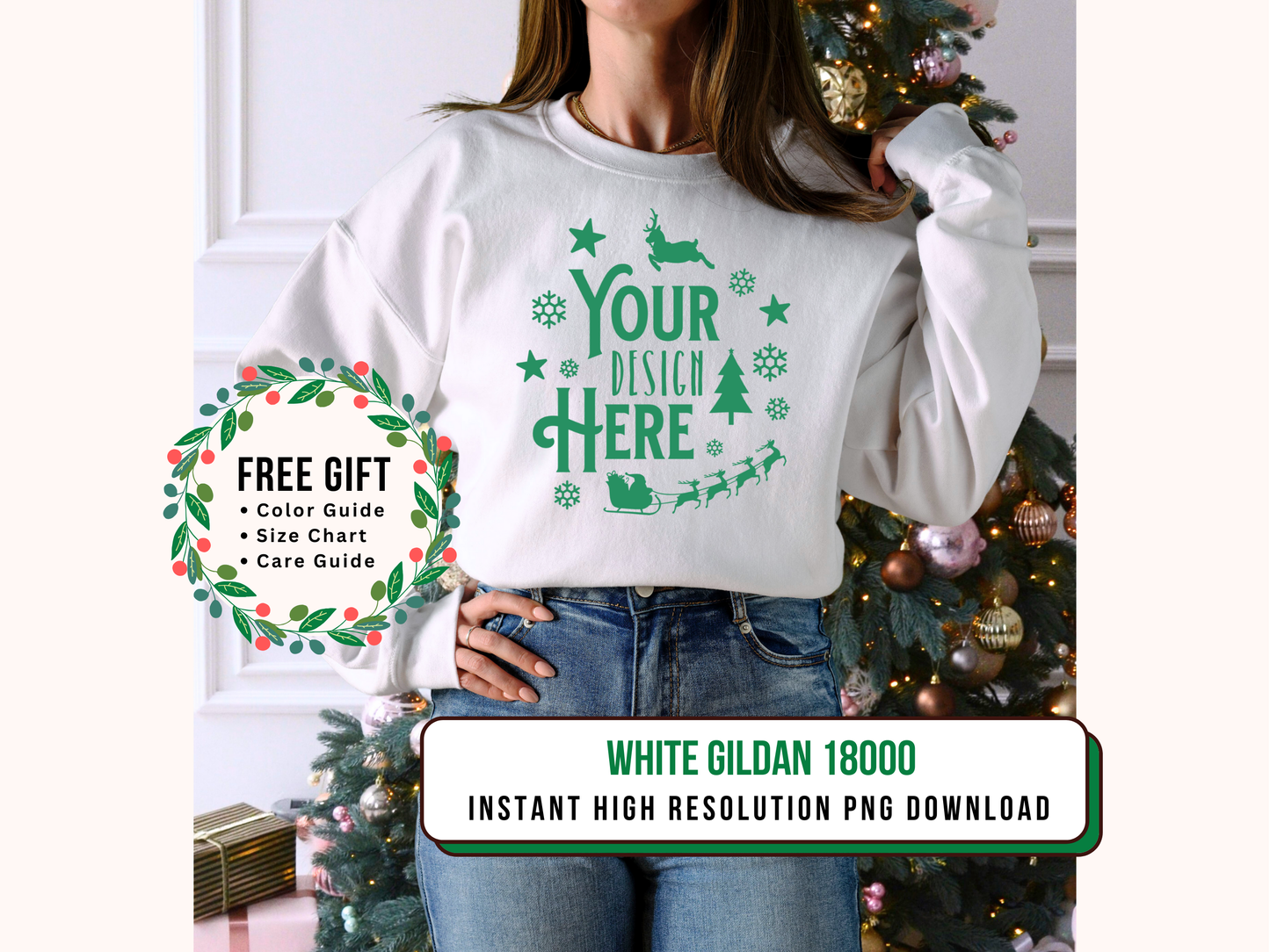 White Gildan 18000 Mockup Christmas Tree Festive Crewneck Sweatshirt