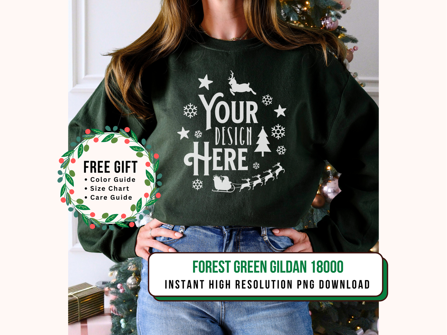 Christmas Tree and Forest Green Gildan 18000 Mockup - Holiday Crewneck Sweatshirt for POD Sellers