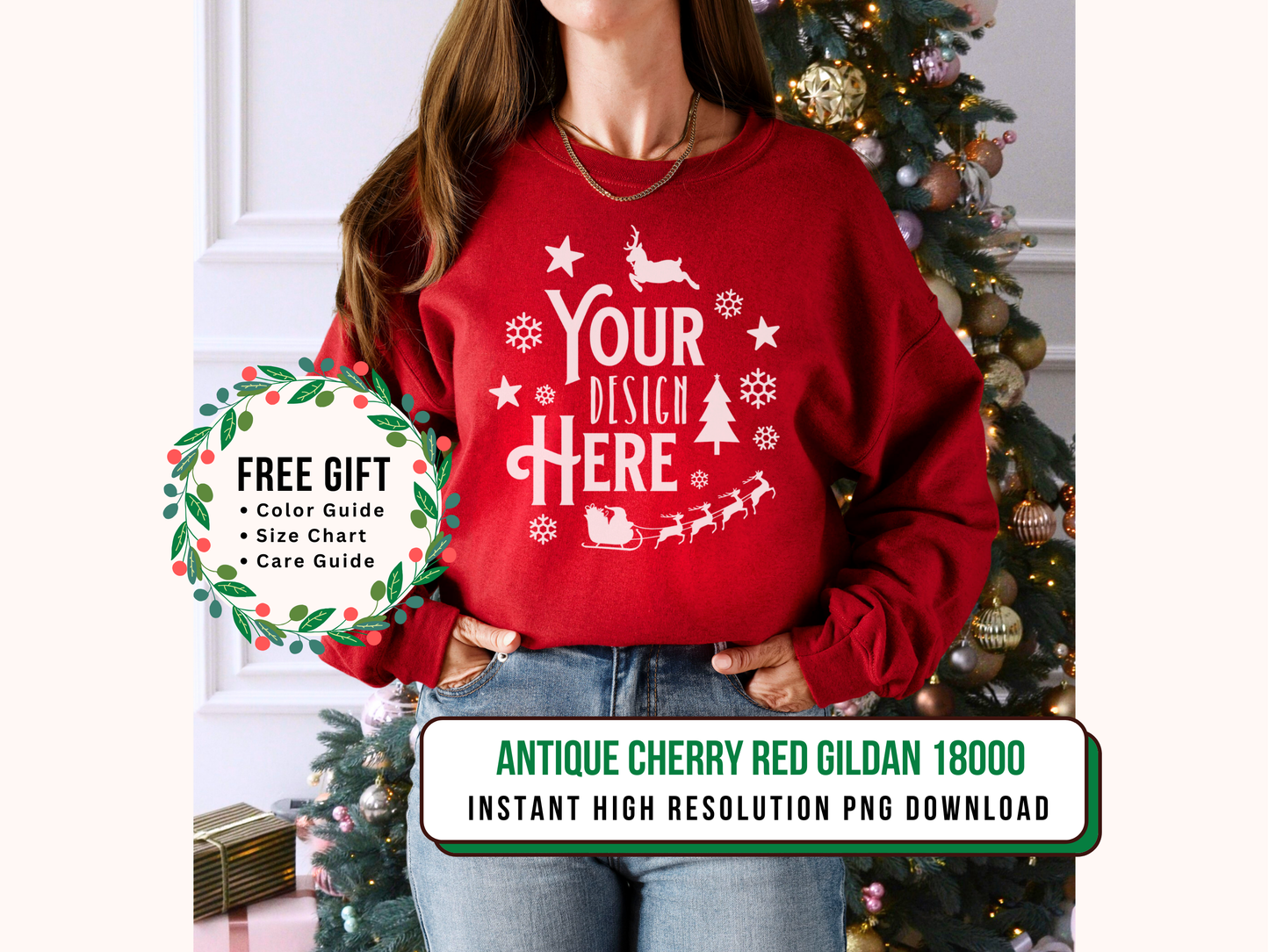 Gildan 18000 Holiday Mockup Antique Cherry Red- Classic Crewneck with Christmas Tree Background