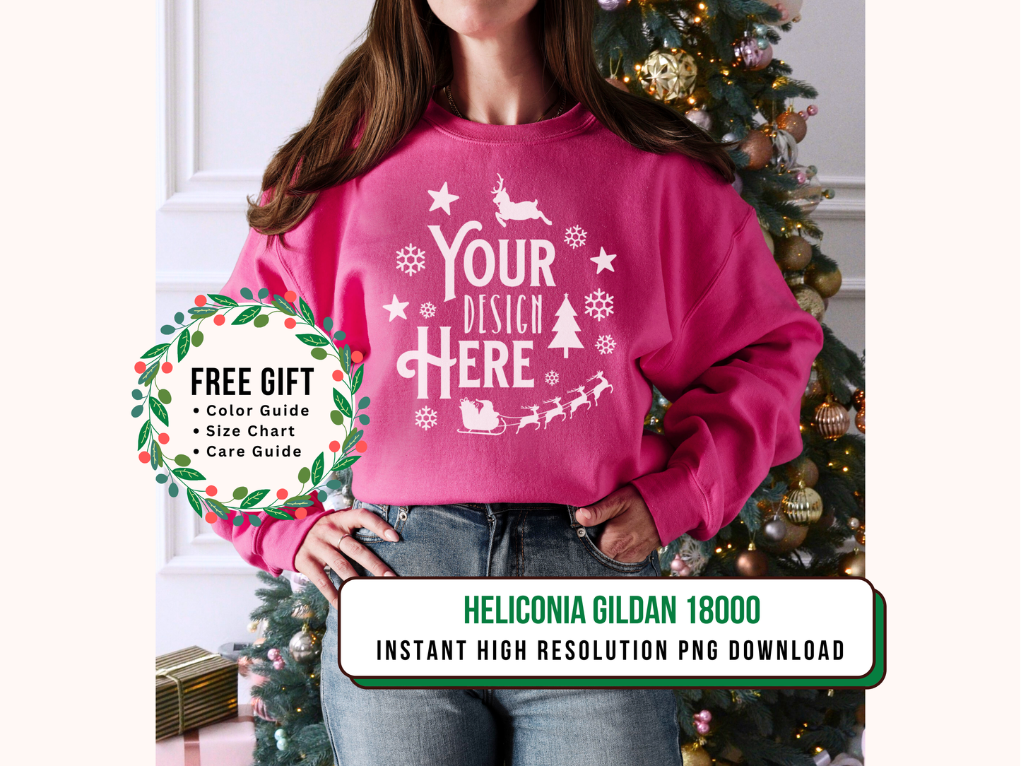 Christmas Crewneck Mockup - Heliconia Gildan 18000 with Holiday Tree Decor