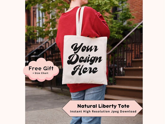 Boho Style Tote Mockup - Customizable Liberty Tote with Model Lifestyle Photo and Natural Image