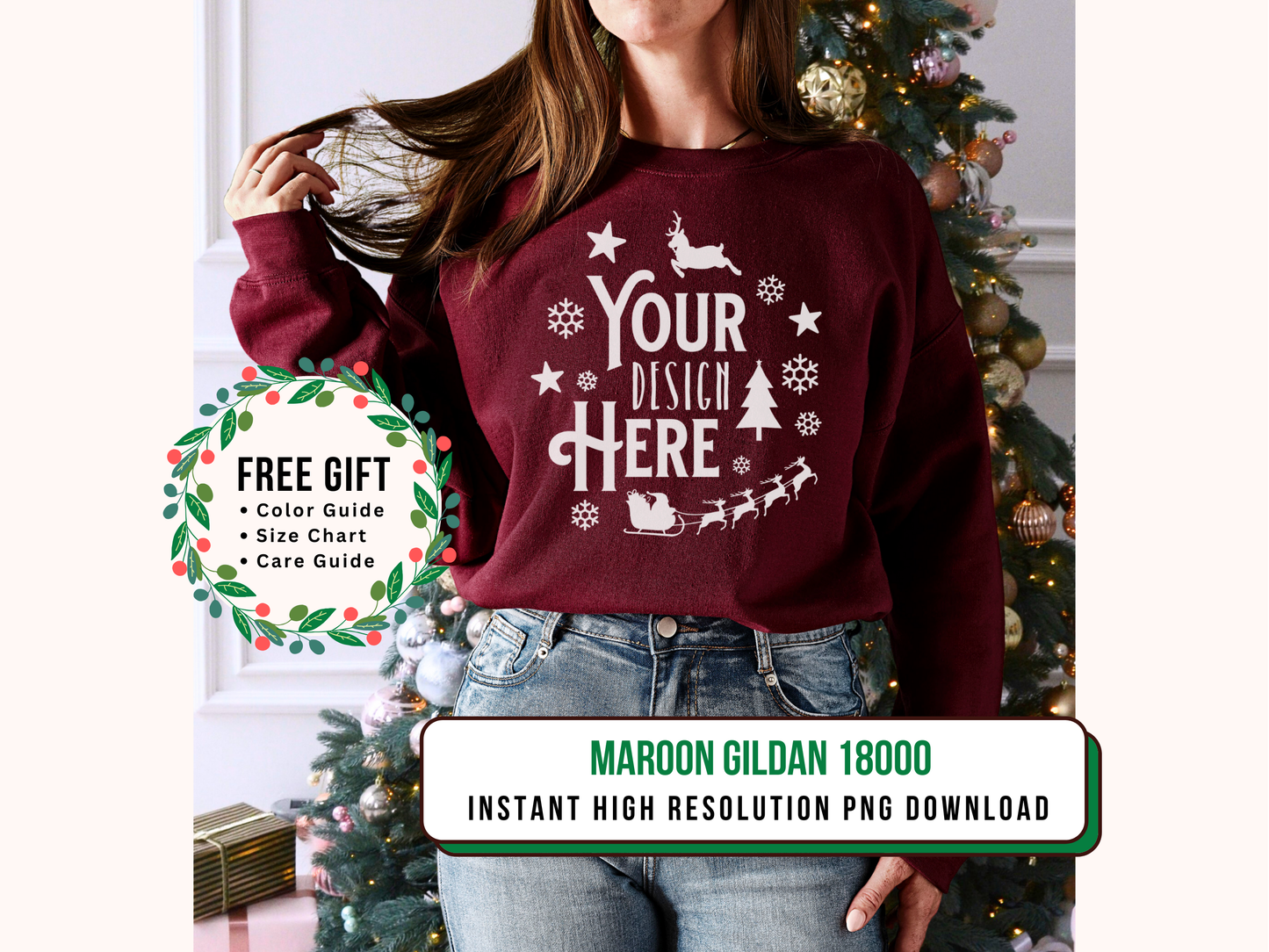 Festive Gildan 18000 Mockup - Maroon Crewneck with Christmas Tree Background for Holiday Designs