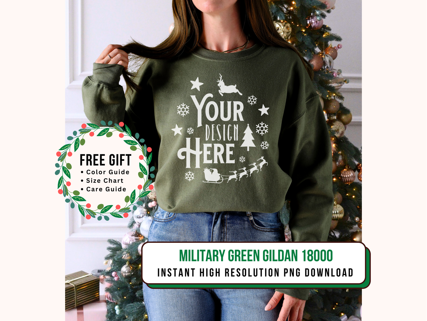 Crewneck Mockup - Military Green Gildan 18000 Holiday Sweatshirt for POD