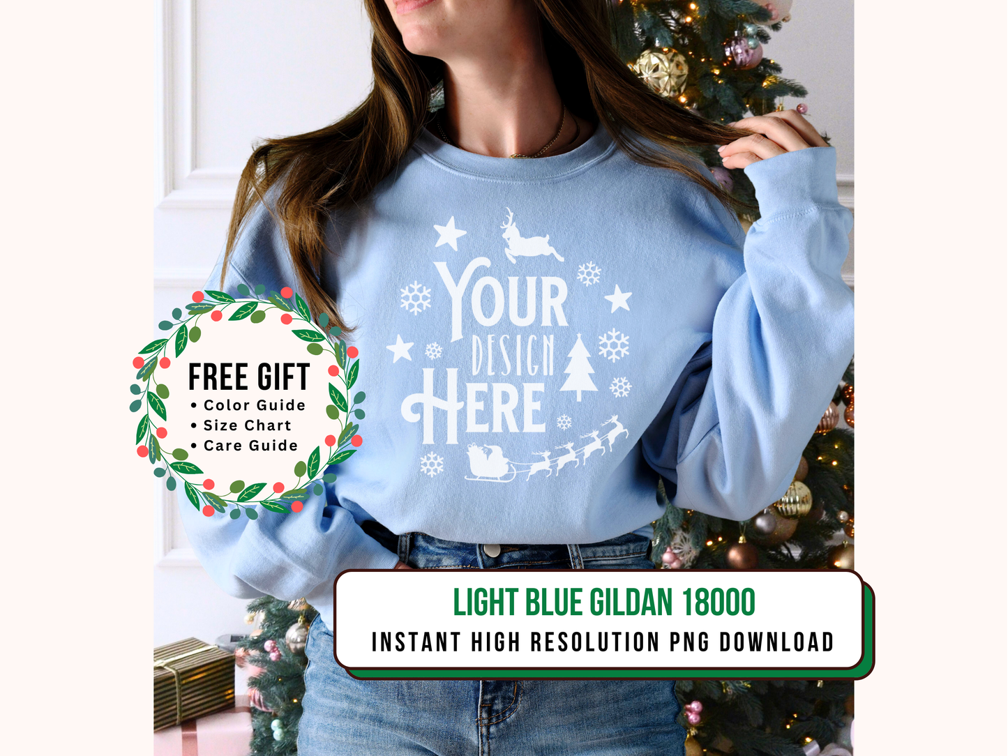 Light Blue Gildan 18000 Christmas Mockup - Cozy Crewneck with Holiday Tree Background