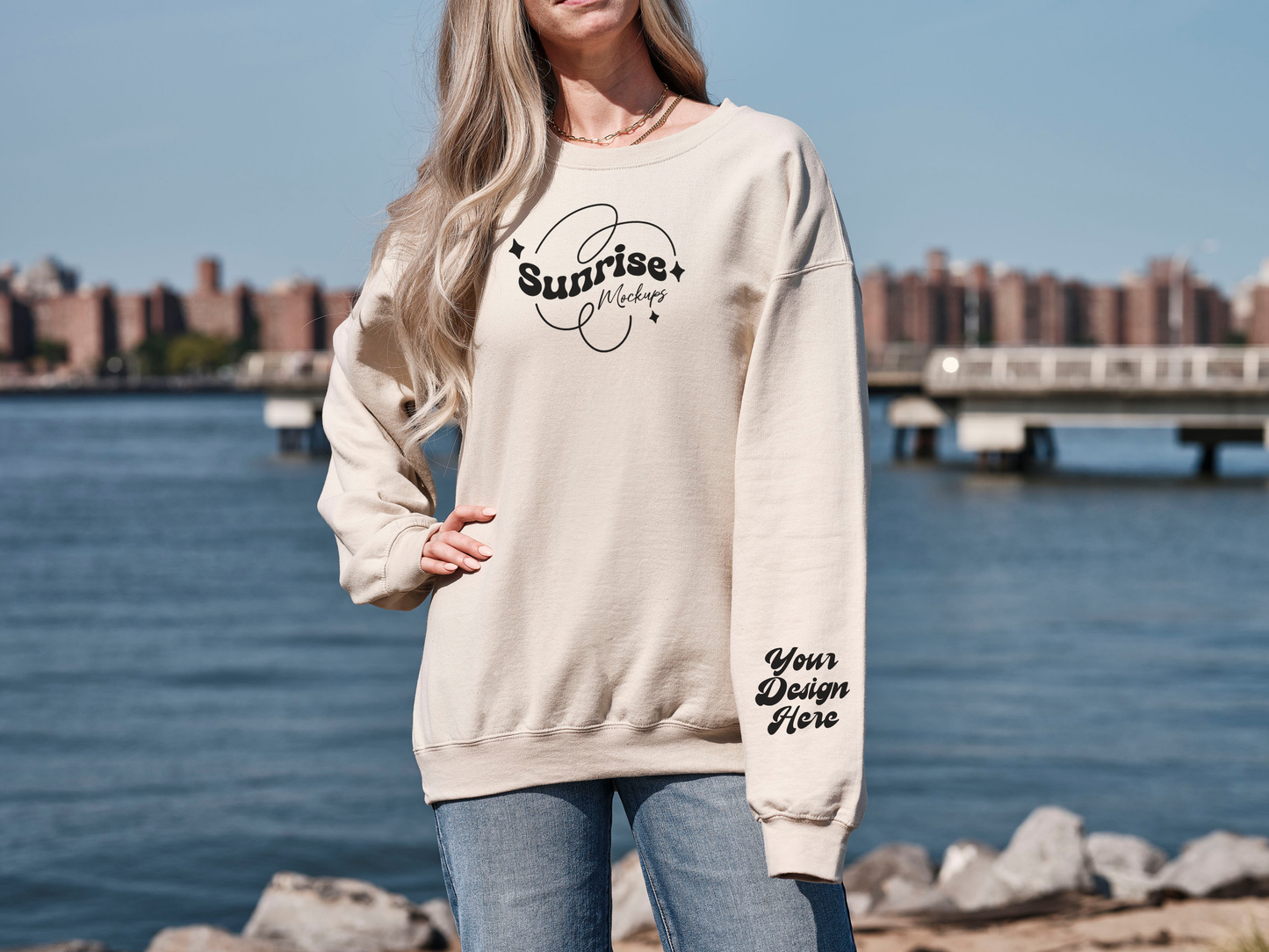 High-Resolution Sand Gildan 18000 Mockup - Neutral Crewneck for POD Sellers