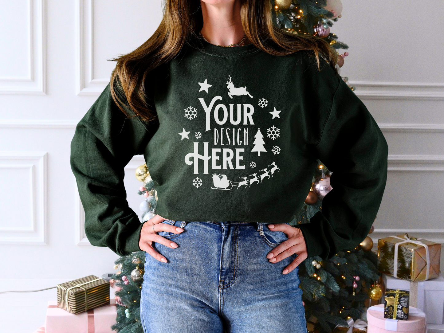 Christmas Tree and Forest Green Gildan 18000 Mockup - Holiday Crewneck Sweatshirt for POD Sellers