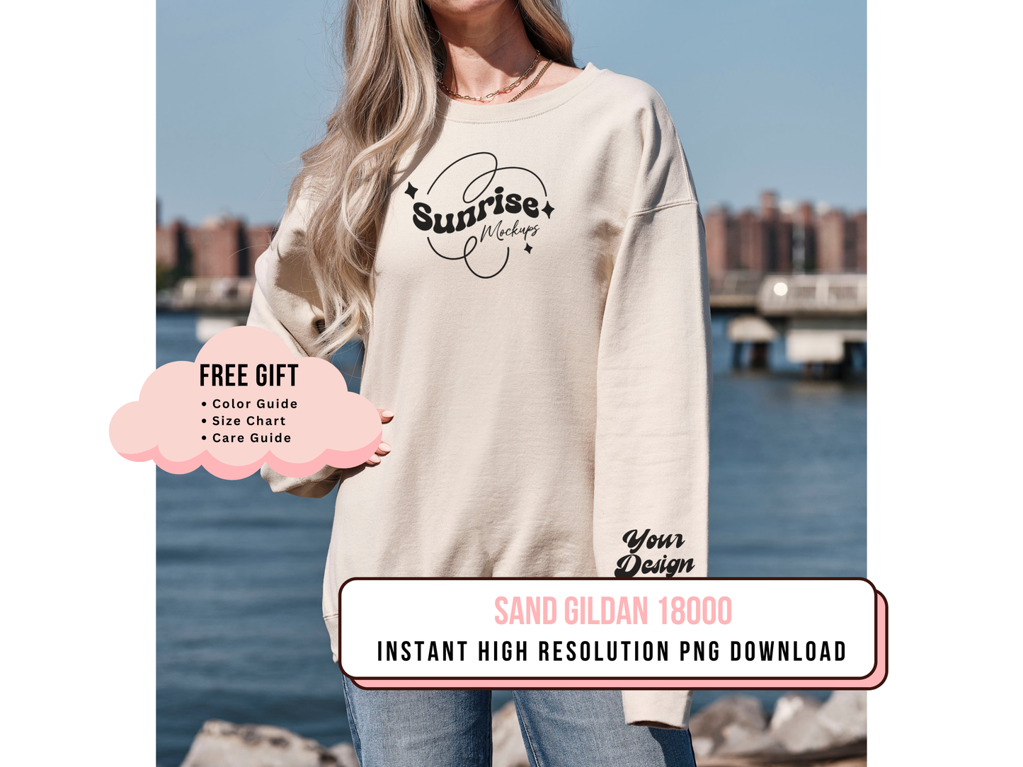 High-Resolution Sand Gildan 18000 Mockup - Neutral Crewneck for POD Sellers