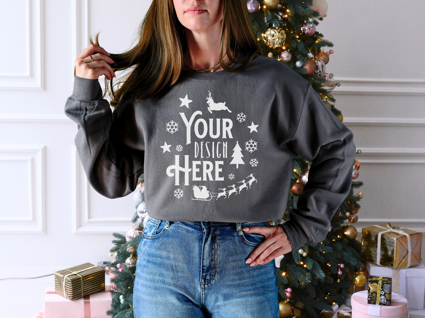 Holiday Season Charcoal Gildan 18000 Mockup - Crewneck with Christmas Tree Setting