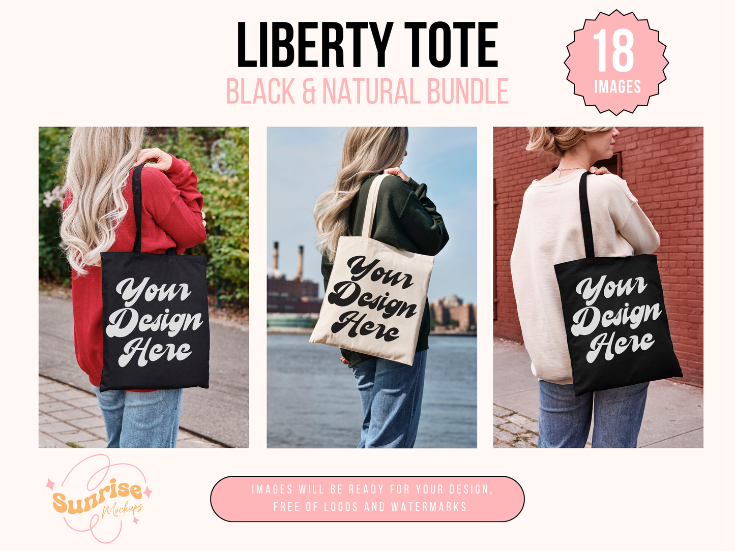 Tote Mockup Bundle - Black and Natural Liberty Canvas Tote Set with Editable, Realistic Shopper Bag Designs