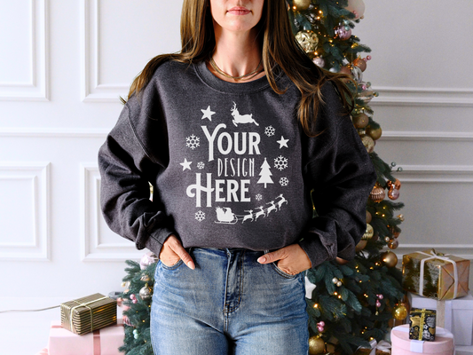 Christmas Dark Heather Gildan 18000 Mockup - Crewneck with Christmas Tree Background