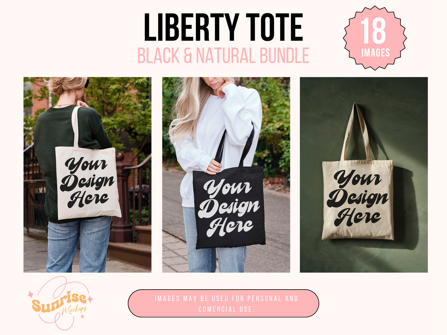 Tote Mockup Bundle - Black and Natural Liberty Canvas Tote Set with Editable, Realistic Shopper Bag Designs