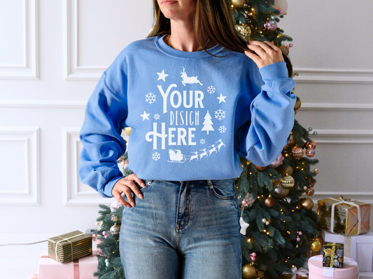 Carolina Blue Gildan 18000 Festive Mockup - Cozy Crewneck Sweatshirt with Christmas Tree Background