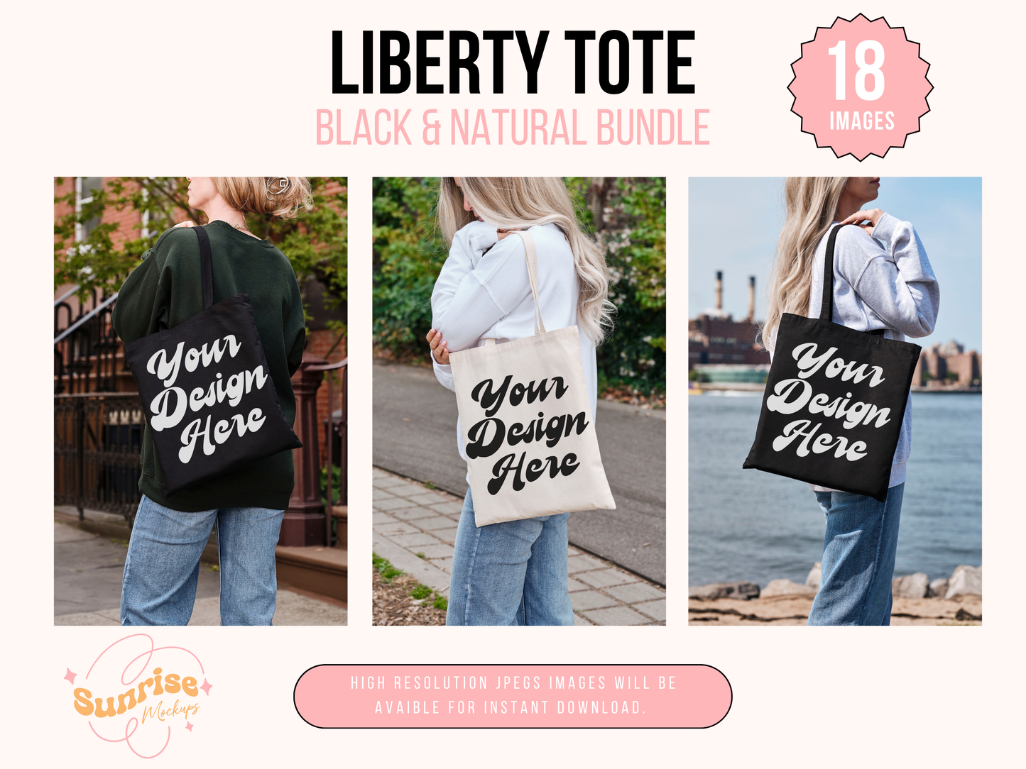 Tote Mockup Bundle - Black and Natural Liberty Canvas Tote Set with Editable, Realistic Shopper Bag Designs