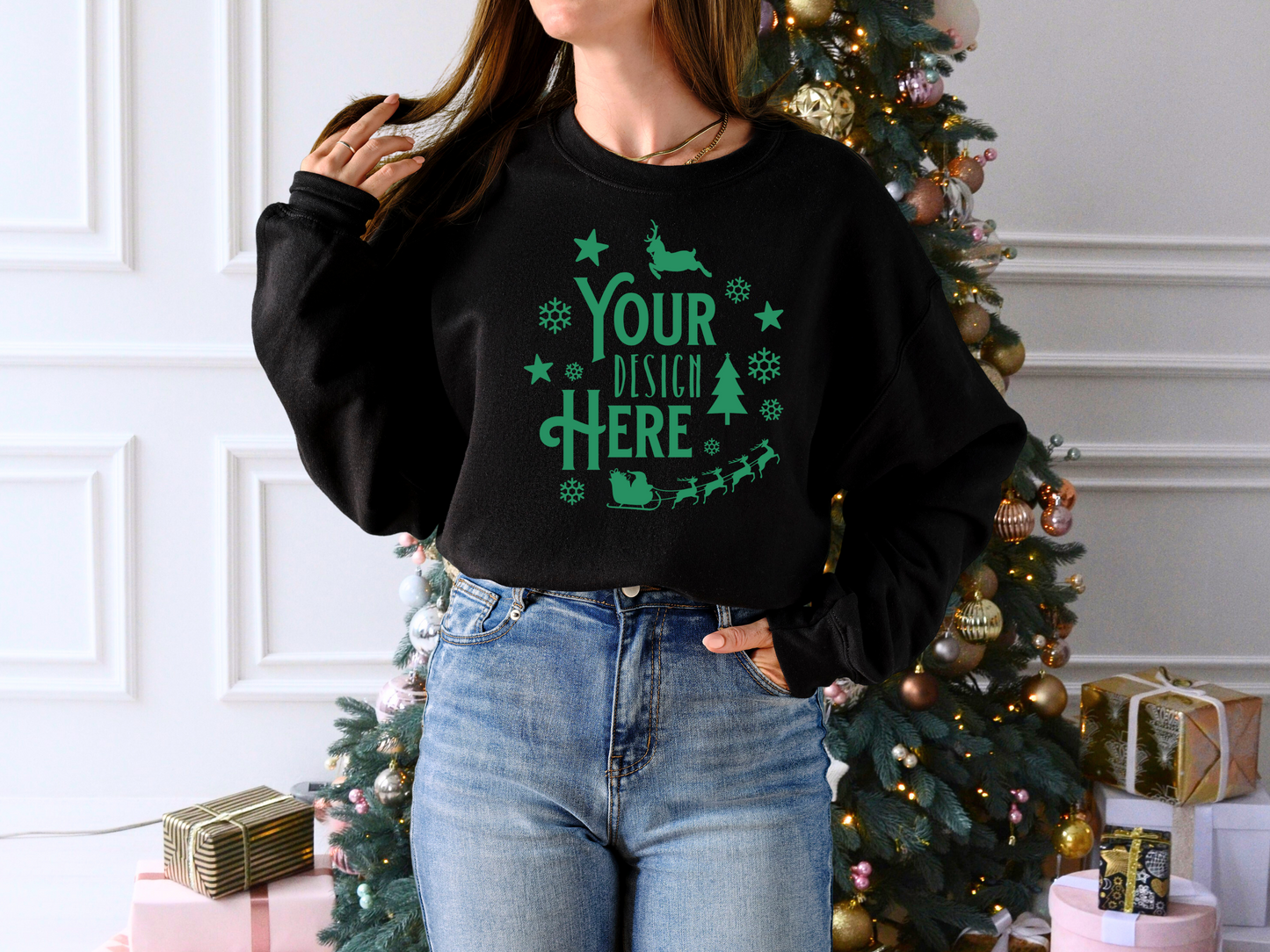 Holiday Gildan 18000 Mockup Black - Festive Crewneck Sweatshirt with Christmas Tree Decor