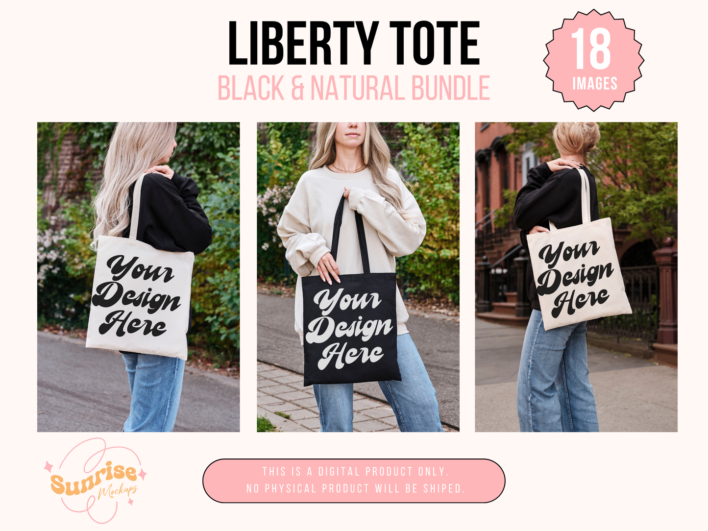 Tote Mockup Bundle - Black and Natural Liberty Canvas Tote Set with Editable, Realistic Shopper Bag Designs