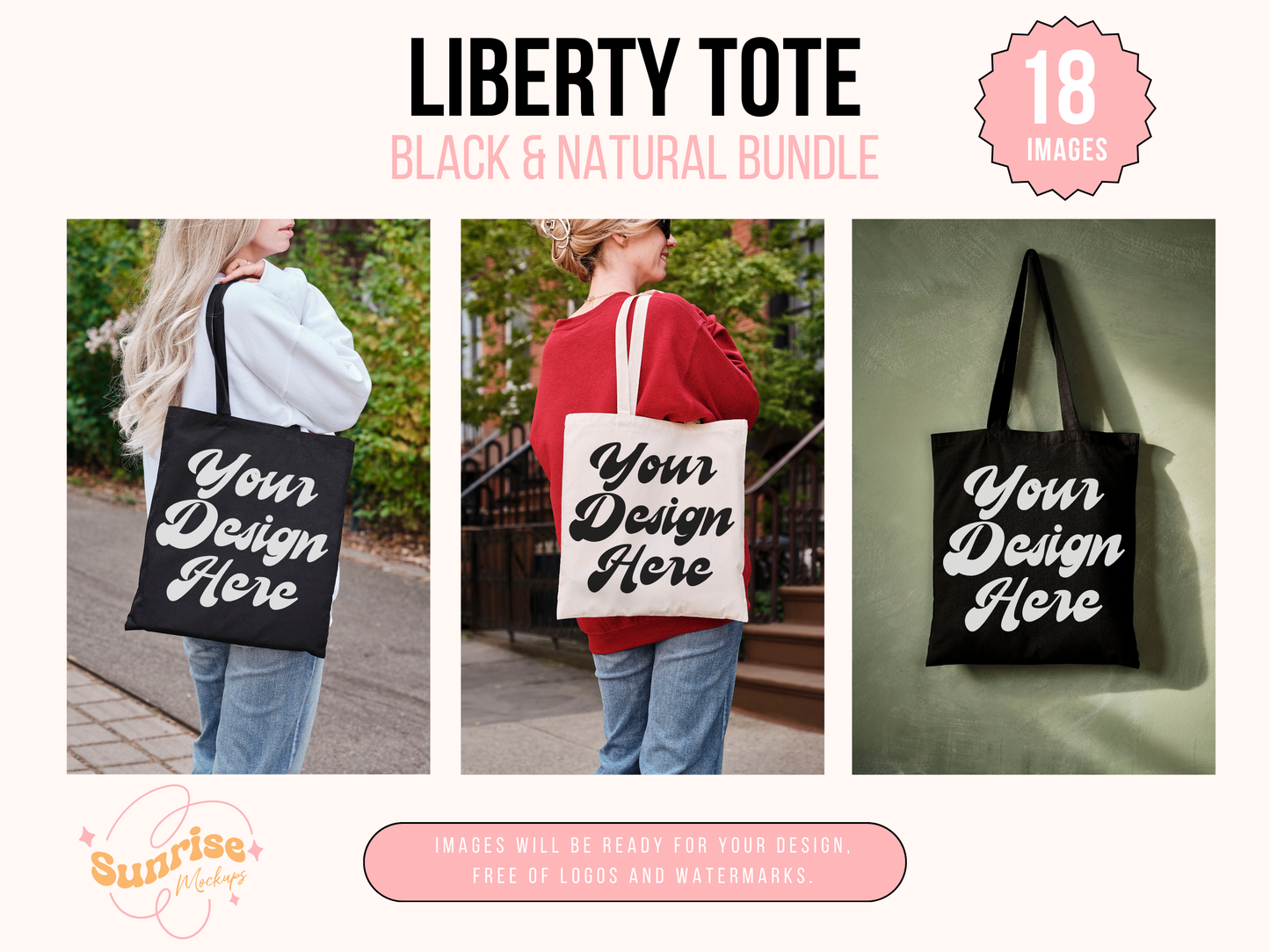 Tote Mockup Bundle - Black and Natural Liberty Canvas Tote Set with Editable, Realistic Shopper Bag Designs