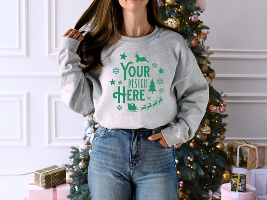 Sport Grey Gildan 18000 Christmas Mockup - Holiday Sweatshirt with Cozy Christmas Tree Background