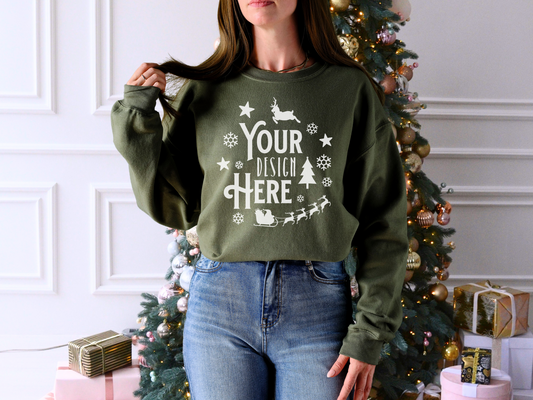 Crewneck Mockup - Military Green Gildan 18000 Holiday Sweatshirt for POD