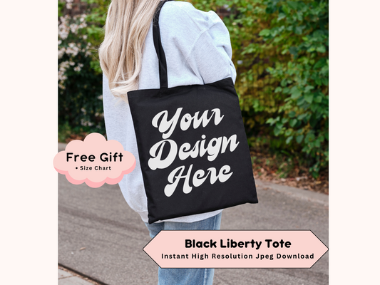 Black Tote Bag Mockup - Liberty Black Shopper Purse Design with Model Photo